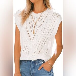 Langwyqu White Crochet Knit Cap Sleeve Top Lightweight Summer Sweater Large New